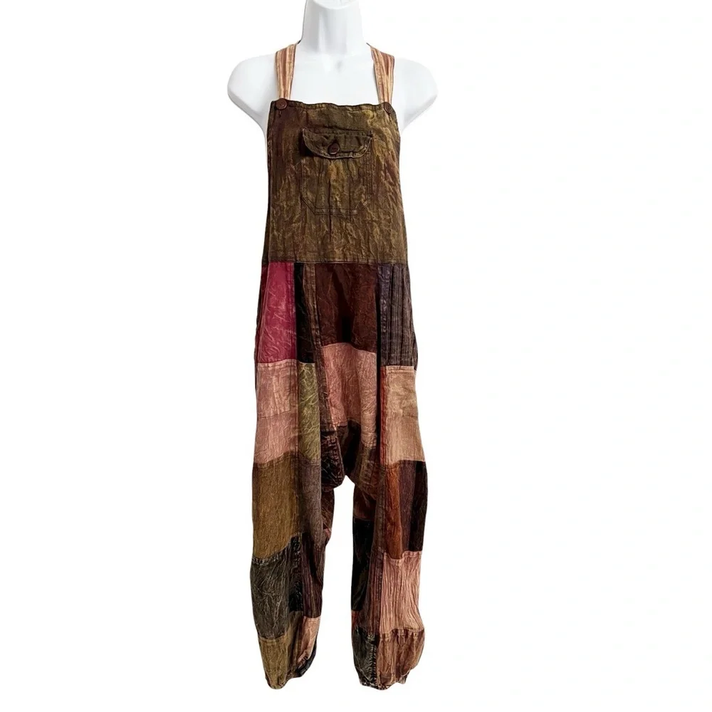 Bohemian Hippy Patchwork Jumpsuit Nepal Multi Fabric Harem Pant Baggy Fit Large - Picture 2 of 8